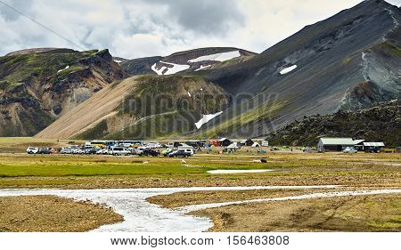 Camping in the Valley National Park Landmannalaugar. Magnificent Iceland in the August
