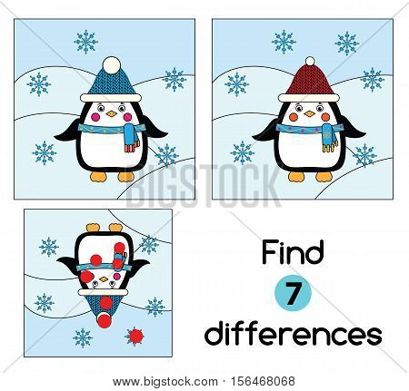 Find the differences educational children game with answer. Kids activity sheet with winter scene and penguin