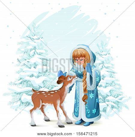 Snow Maiden in blue fur coat and fawn among pine trees in winter forest. Illustration in vector format
