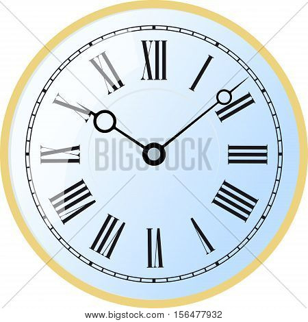 Elegant roman numeral blue clock with large digits on white background.