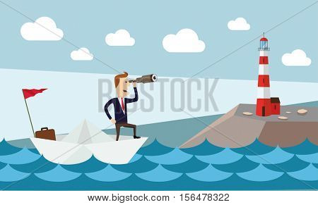 Businessman on paper boat searching for opportunity near lighthouse.