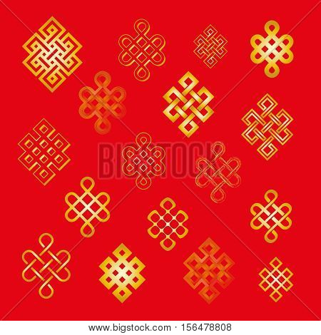 Set collection of the endless knot or eternal knot. Golden yellow sign in different variatons isolated on red background. Vector illustration.