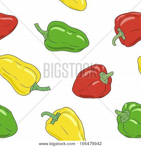 Fresh vibrant ripe yellow, green and red bell pepper on white background. Hand drawn paprika pattern. Vector seamless pattern, eps10. For backgrounds, wallpapers, wrapping paper, textile.