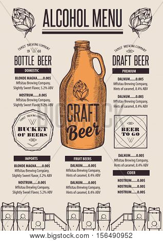 Beer menu placemat food restaurant brochure; template design. Vintage creative alcohol flyer with hand-drawn graphic.