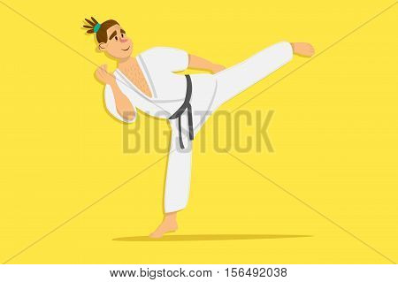 Cartoon karate man wearing kimono training. comic character on yellow background. Flat design