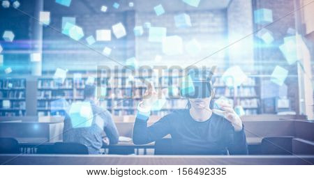 Futuristic screen with quaders against woman gesturing while using virtual reality simulator