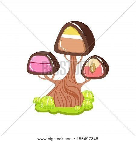 Tree With Chocolate Trunk And Chocolate Candy Crown Fantasy Candy Land Sweet Landscape Element. Illustrations From Girly Magic Sweet Land Design Set For Video Game Landscaping.