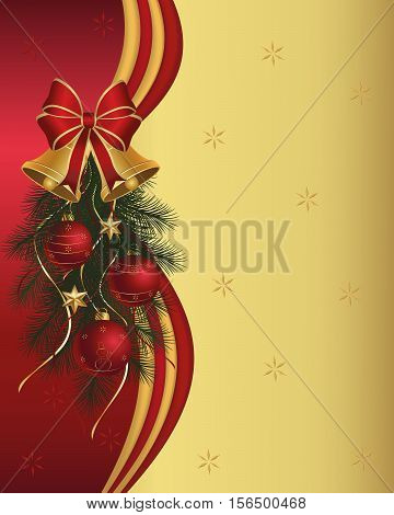 Christmas background with fir branches bells balls ribbons and Christmas decorations.Greeting cards.