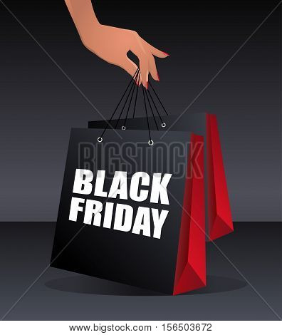 A woman's hand holding shopping bags to promote black friday sales. Fashion black shopping bags vector illustration.