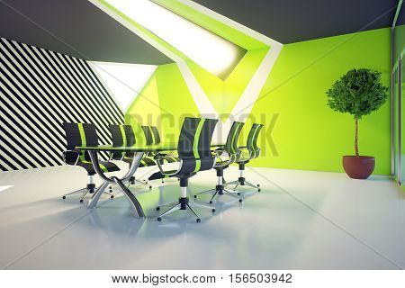 Modern green conference roon interior with equipment and daylight. 3D Rendering