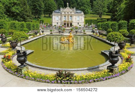 LINDERHOF GERMANY - JULY 8, 2016: Linderhof Palace is a Castle in southwest Bavaria near Garmisch Partenkirchen. The Castle built by King Ludwig II of Bavaria in 19th century.
