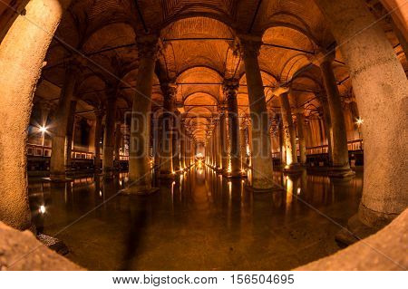 ISTANBUL TURKEY - JUNE 20 2015: The Basilica Cistern is the largest of several hundred ancient cisterns that still lie beneath the city of Istanbul former Constantinople Turkey