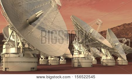 3D Illustration of a satellite dish array on an alien red planet