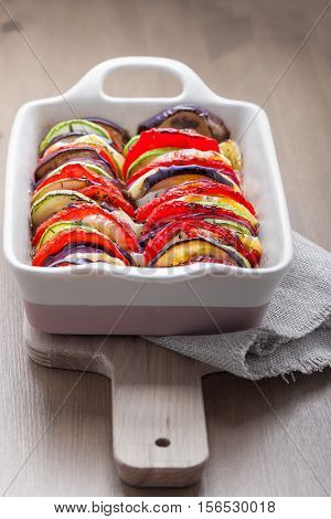 Tian, vegetable casserole made from fresh tomatoes, zucchini and eggplant