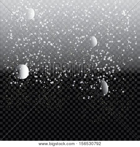 Snow falling background. Vector magic Christmas eve snowfall. White glitter snowflakes falling down on transparent background.