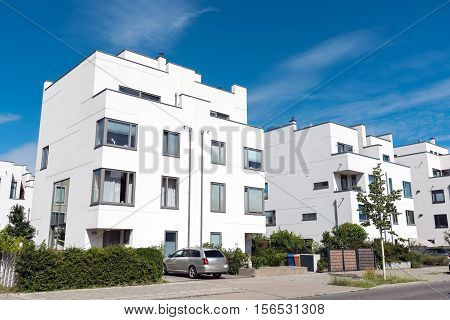 Modern white twin houses seen in Berlin, Germany