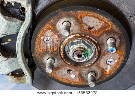 close up and detail ruty brake disk of the wheel