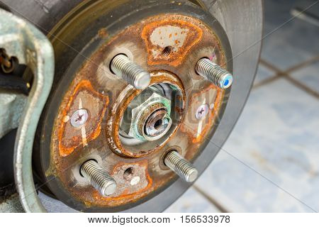 close up and detail ruty brake disk of the wheel