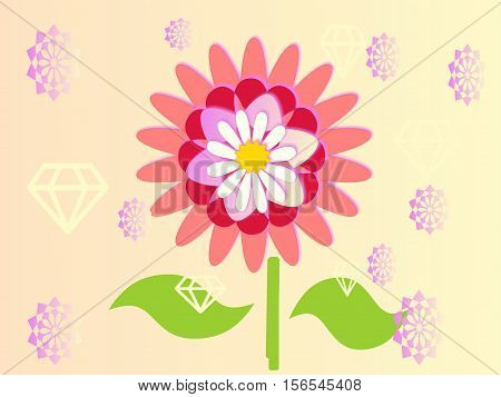 fiore rosa con foglie e piccoli fiori stilizzati con diamanti