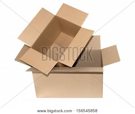 Opened cardboard boxes isolated on white background. Package