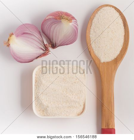 Cooking Brazilian Farofa. Manioc Flour. Farinha de Mandioca on white background