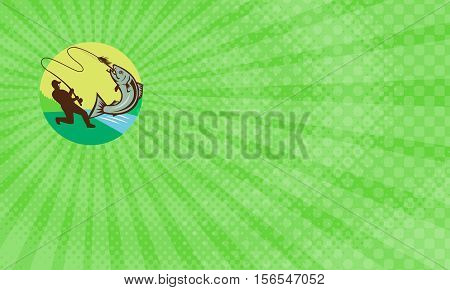 Business card showing Illustration of a fly fisherman fishing casting rod and reel hooking salmon viewed from the side set inside circle with river sea in the background done in retro style.