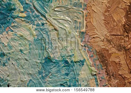 Oil Painting close up texture pallete knife storkes of brown blue and white color