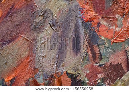 Oil Painting colorfull  close up texture pallete knife storkes of brown yellow  gray red green blue white color
