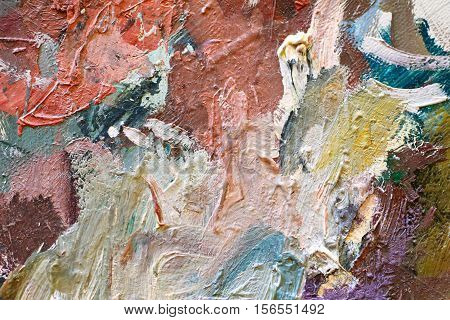 Oil Painting colorfull  close up texture pallete knife storkes of brown yellow  gray red green blue white color