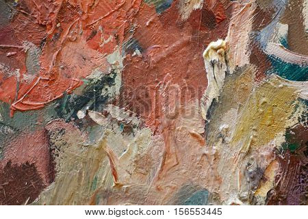 Oil Painting colorfull  close up texture pallete knife storkes of brown yellow  gray red green blue white color