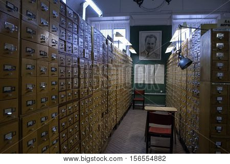 St. Petersburg Russia -22 October 2014: All-Russian Research Institute of Plant Vavilov. State Research Center. Catalog storage workers collections