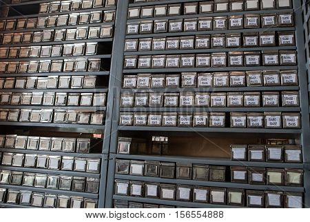 St. Petersburg Russia -22 October 2014: All-Russian Research Institute of Plant Vavilov. State Research Center. Catalog storage workers collections