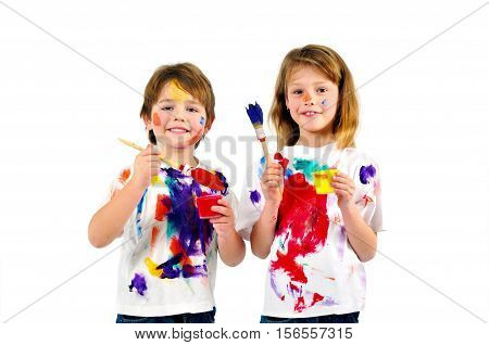 Little kids playing with colors isolated on white