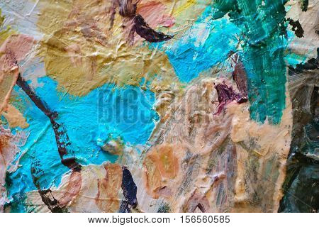 Oil Painting colorfull  close up texture pallete knife storkes of brown yellow  gray red green blue white color
