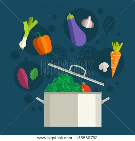 Conceptual illustration of healthy food around a pan. Diet concept. Banner or flyer with healhy vegetables. Flat vector.