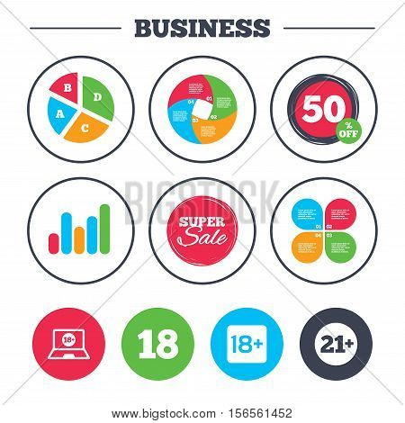 Business pie chart. Growth graph. Adult content icons. Eighteen and twenty-one plus years sign symbols. Notebook website notice. Super sale and discount buttons. Vector