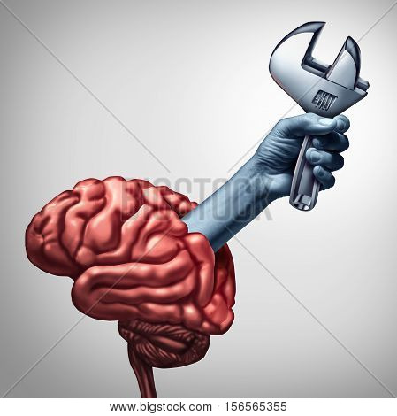 Brain repair psychotherapy or neurology surgery health care concept as a hand emerging from a human thinking organ holding a wrench as a medicine medical symbol of mind therapy or psychiatry and psychology with 3D illustration elements.