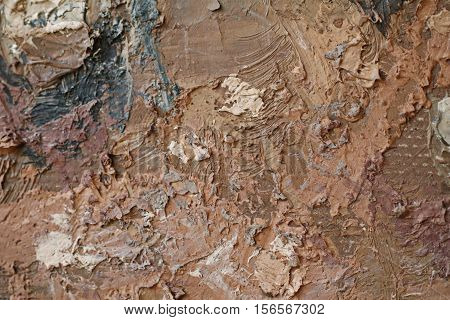 Oil Painting close up texture pallete knife storkes of brown yellow  gray and white color