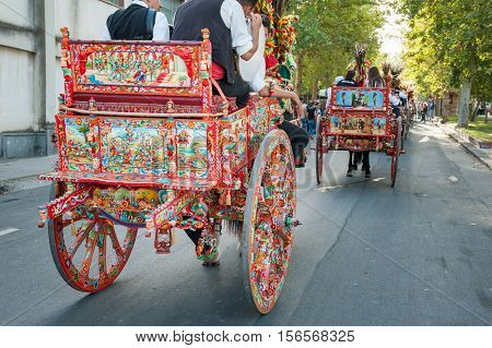 A typical colored sicilian cart during a folkloristic show