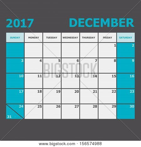 December 2017 calendar week starts on Sunday, stock vector