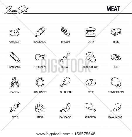 Meat flat icon set. Collection of high quality outline symbols of meat food for web design, mobile app. Vector thin line vector icons or logo of chiken, bee, sausage, ribs, etc.