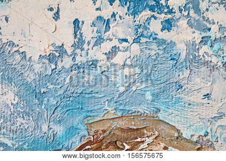 Oil Painting close up texture pallete knife storkes of blue and brown and white color water