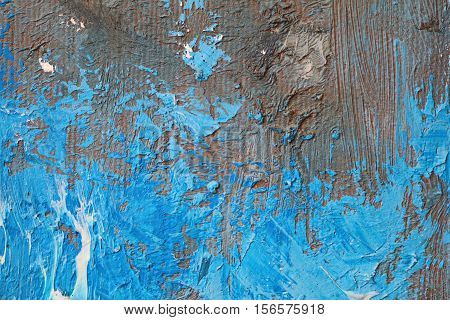 Oil Painting close up texture pallete knife storkes of blue and brown and white color water