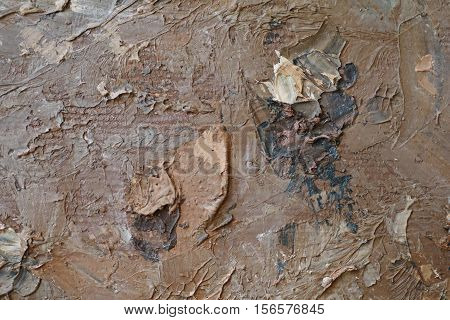 Oil Painting close up texture pallete knife storkes of brown yellow  gray and white color