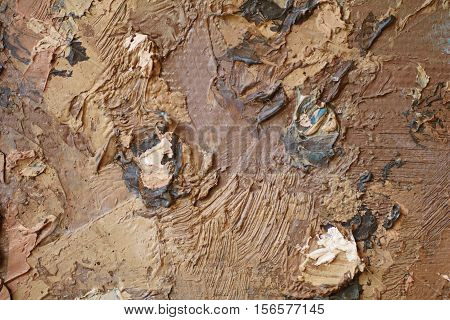 Oil Painting close up texture pallete knife storkes of brown yellow  gray and white color