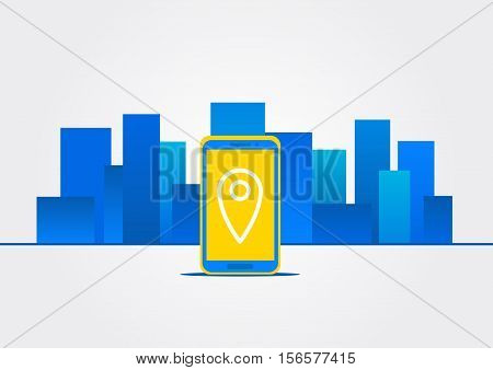 Map location on device vector illustration. Navigation sign on mobile phone screen concept. GPS technology in city landscape graphic design. Map pointer navigation of destination and position.