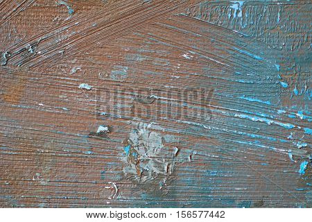 Oil Painting close up texture pallete knife storkes of blue and brown and white color