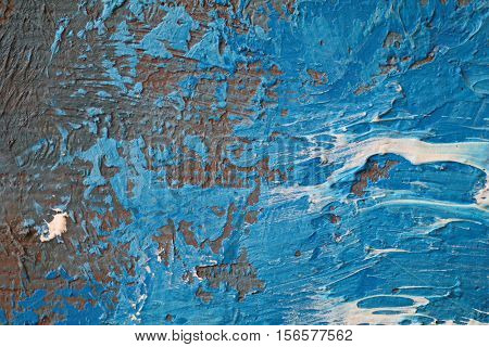 Oil Painting close up texture pallete knife storkes of blue and brown and white color