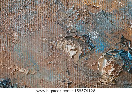 Oil Painting close up texture pallete knife storkes of blue and brown and white color