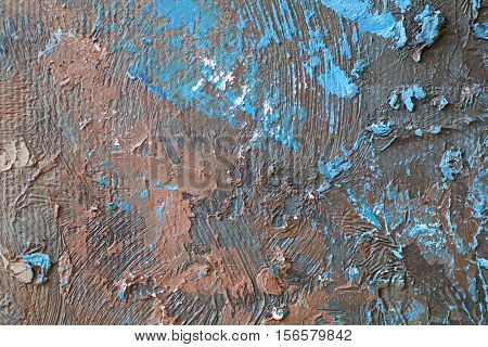 Oil Painting close up texture pallete knife storkes of blue and brown and white color